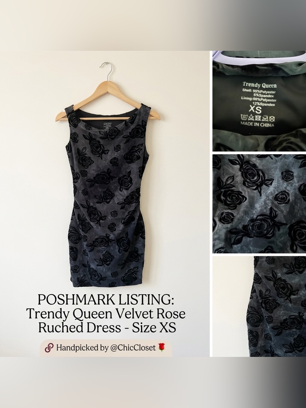 Trendy Queen XS Dark Grey Black Rose Floral Bodycon Mini Dress